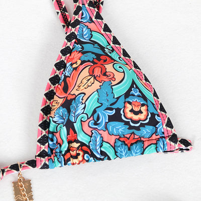 Retro 4-color printed women's bikini with red, blue, and white paisley pattern, featuring a triangle top and high-cut bottom. - Image 71