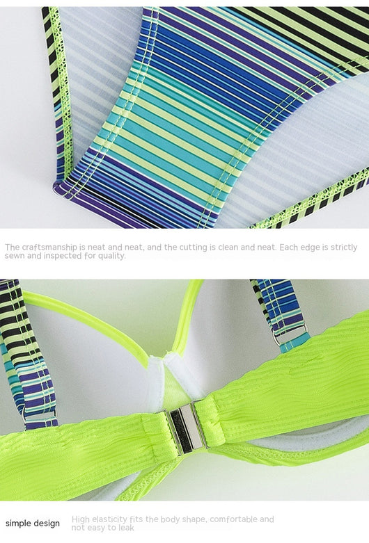 Neon green ribbed halter bikini top with striped straps and matching striped high-waisted bikini bottoms. - Image 11