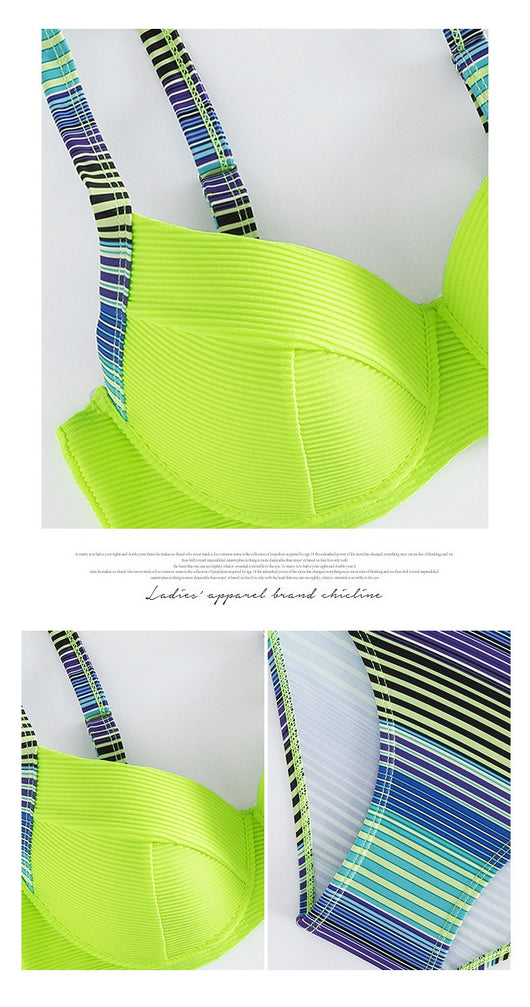 Neon green ribbed halter bikini top with striped straps and matching striped high-waisted bikini bottoms. - Image 12