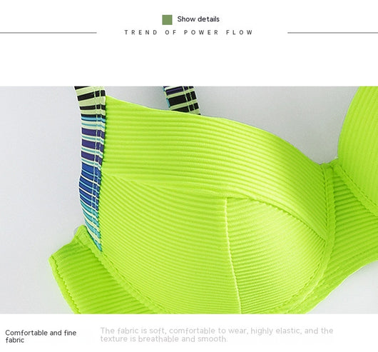Neon green ribbed halter bikini top with striped straps and matching striped high-waisted bikini bottoms. - Image 13