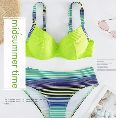 Neon green ribbed halter bikini top with striped straps and matching striped high-waisted bikini bottoms. - Image 14