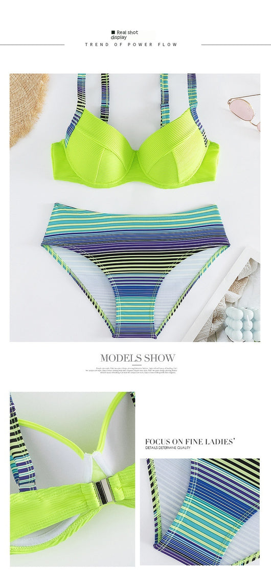 Neon green ribbed halter bikini top with striped straps and matching striped high-waisted bikini bottoms. - Image 15