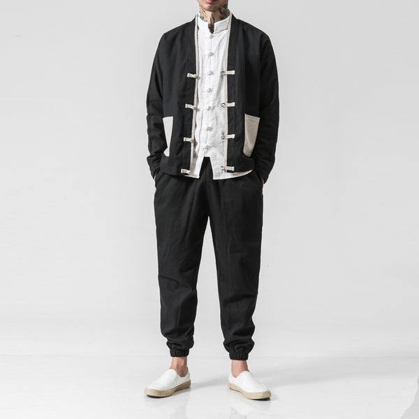 Conjunto Kimono Hanfu Retro Hombre - Chaqueta con Hebilla Estilo Otoño + Pantalón Casual Talla Grande