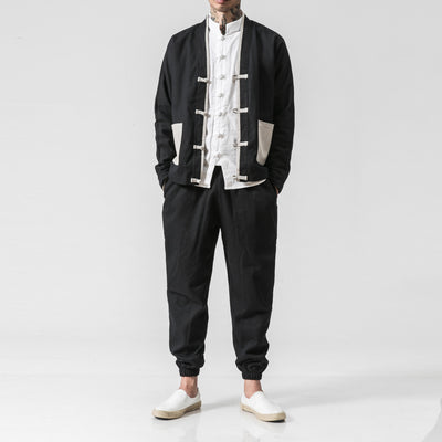 Conjunto Kimono Hanfu Retro Hombre - Chaqueta con Hebilla Estilo Otoño + Pantalón Casual Talla Grande