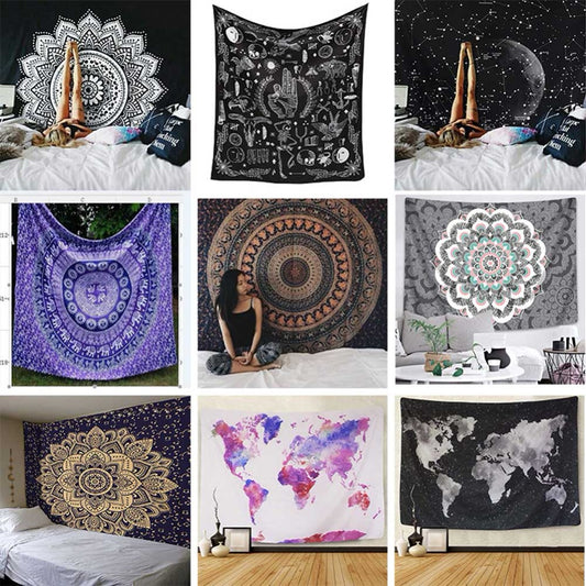 Black tapestry with white constellations and a large grey moon hanging above a bed in a bedroom.