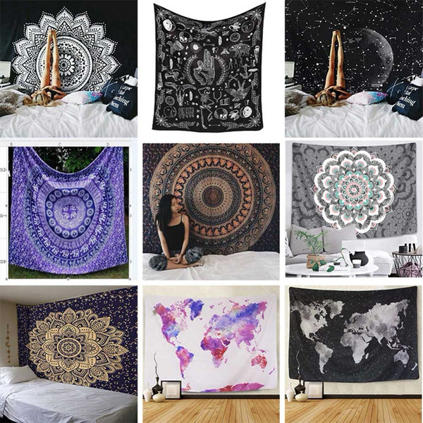 Black tapestry with white constellations and a large grey moon hanging above a bed in a bedroom.
