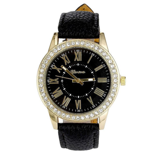 Reloj de Pulsera Elegante con Banda de Cuero, Números Romanos y Cristales Brillantes