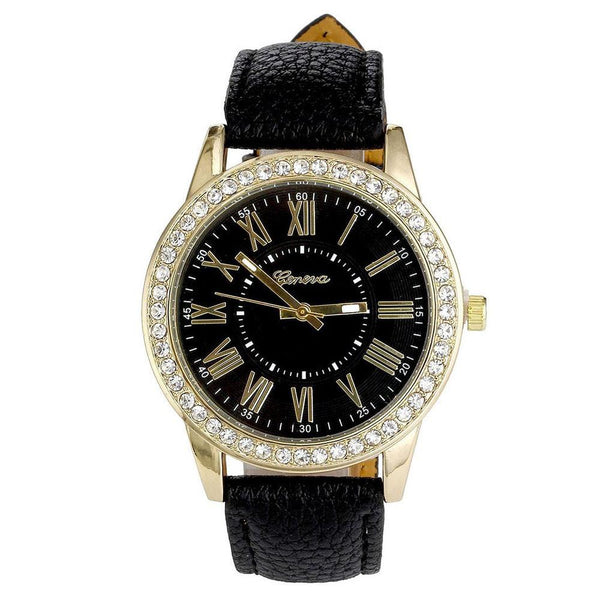 Reloj de Pulsera Elegante con Banda de Cuero, Números Romanos y Cristales Brillantes