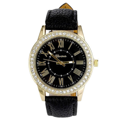 Reloj de Pulsera Elegante con Banda de Cuero, Números Romanos y Cristales Brillantes