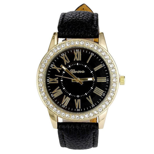 Reloj de Pulsera Elegante con Banda de Cuero, Números Romanos y Cristales Brillantes