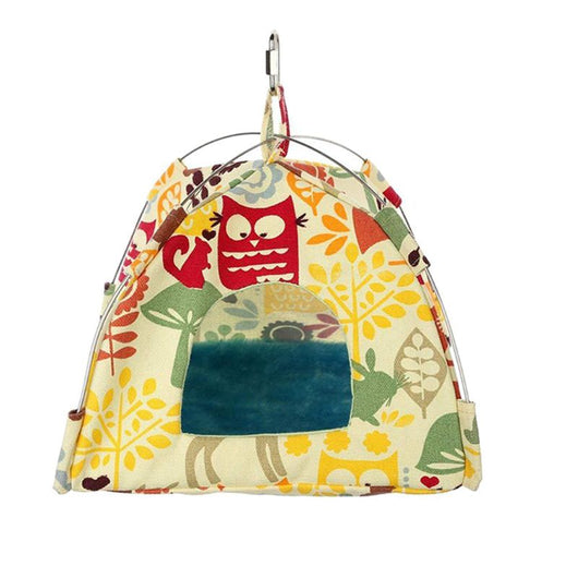 Colorful canvas bird tent with an owl and leaf pattern, featuring a metal frame and hanging hook, next to a cockatiel. - Image 8