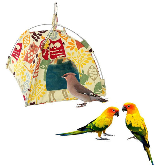 Colorful canvas bird tent with an owl and leaf pattern, featuring a metal frame and hanging hook, next to a cockatiel. - Image 9