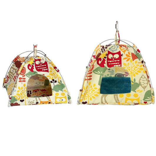 Colorful canvas bird tent with an owl and leaf pattern, featuring a metal frame and hanging hook, next to a cockatiel. - Image 11
