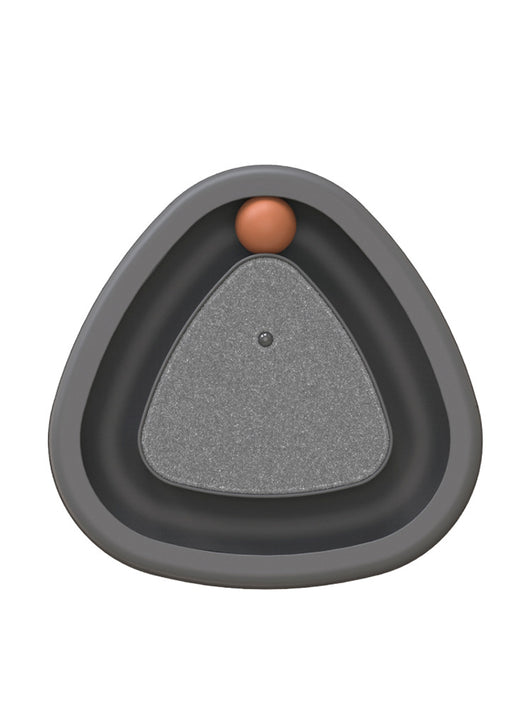 Two-tone green and grey triangle electric cat toy with a rotating feather wand and a ball track on a tiled floor. - Image 8