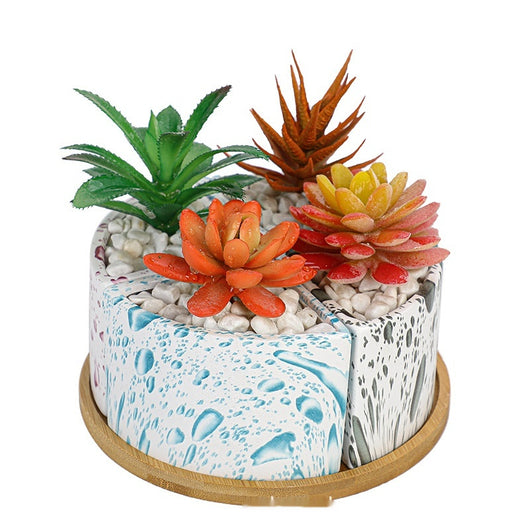 Maceta de Cerámica con Diseño Floral y Bandeja de Bambú - Image 13