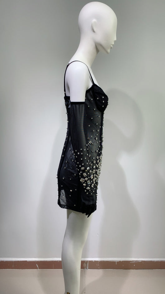 Guantes con Strass y Vestido de Malla Negra Sensual con Tirantes - Image 19
