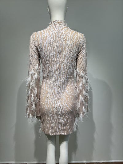 Vestido de Lentejuelas y Plumas con Perlas Expandidas - Image 22