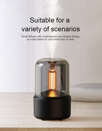White cylindrical aroma diffuser with a clear top and an amber candlelight-effect LED light. - Image 20