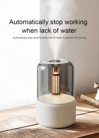 White cylindrical aroma diffuser with a clear top and an amber candlelight-effect LED light. - Image 22