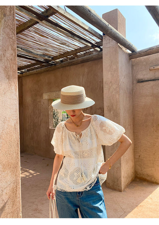Blusa de Encaje Bordada Manga Corta - Diseño Exclusivo Francés Talla S - Image 32