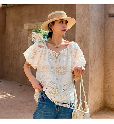Blusa de Encaje Bordada Manga Corta - Diseño Exclusivo Francés Talla S - Image 35