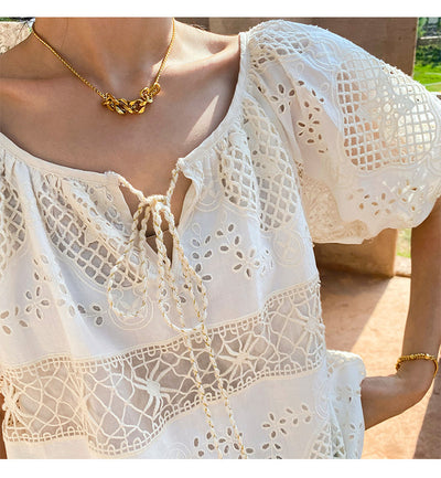Blusa de Encaje Bordada Manga Corta - Diseño Exclusivo Francés Talla S - Image 38