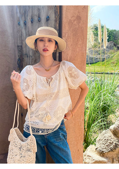 Blusa de Encaje Bordada Manga Corta - Diseño Exclusivo Francés Talla S - Image 39