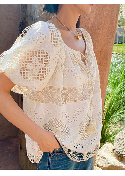 Blusa de Encaje Bordada Manga Corta - Diseño Exclusivo Francés Talla S - Image 42