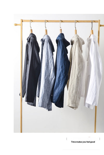 Camisa Suelta de Lino para Hombre con Capucha y Color Sólido - Image 12