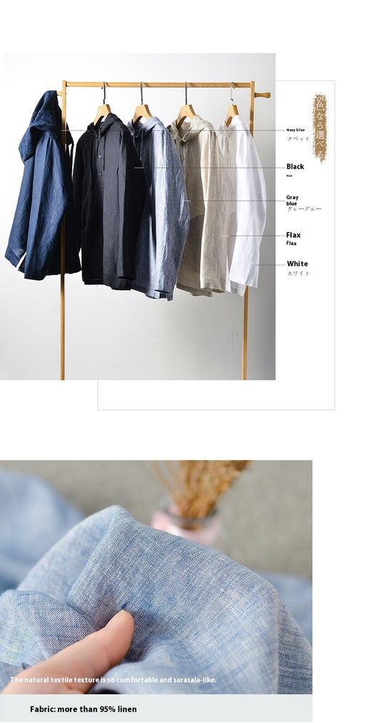 Camisa Suelta de Lino para Hombre con Capucha y Color Sólido - Image 13