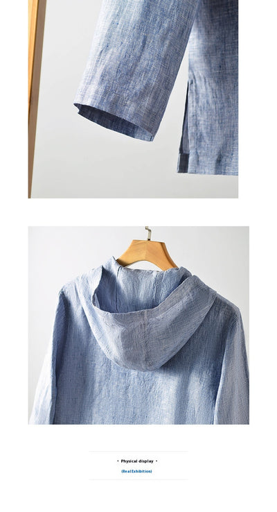 Camisa Suelta de Lino para Hombre con Capucha y Color Sólido - Image 16