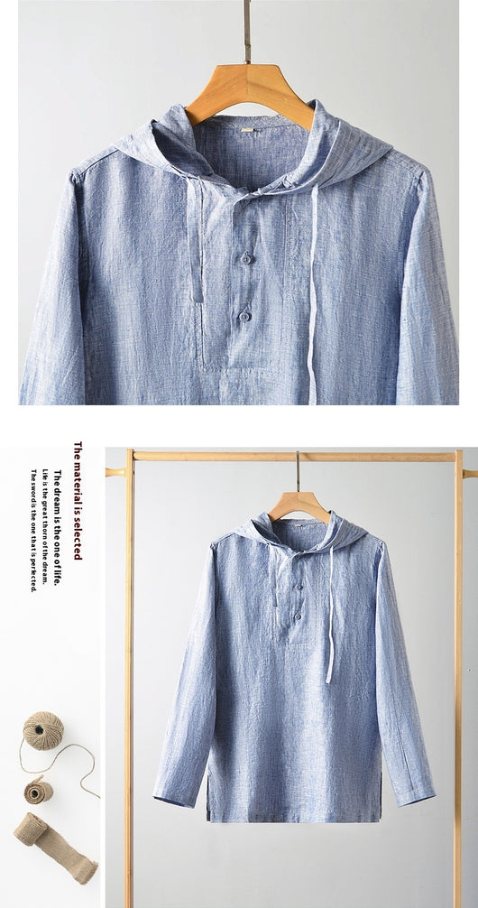 Camisa Suelta de Lino para Hombre con Capucha y Color Sólido - Image 18