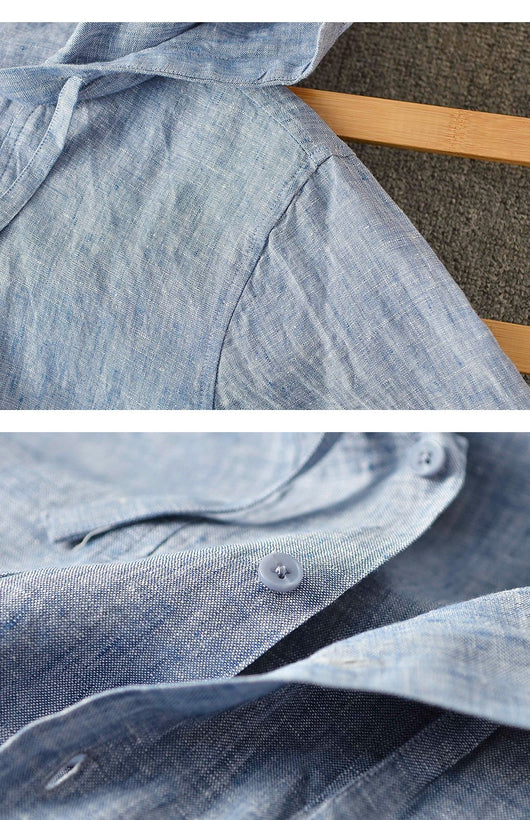 Camisa Suelta de Lino para Hombre con Capucha y Color Sólido - Image 19