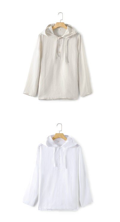 Camisa Suelta de Lino para Hombre con Capucha y Color Sólido - Image 22