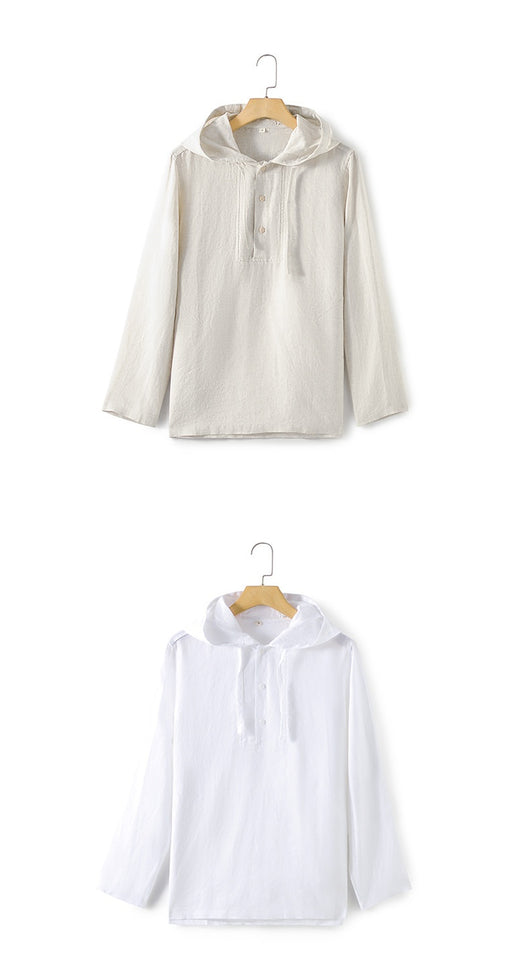 Camisa Suelta de Lino para Hombre con Capucha y Color Sólido - Image 22