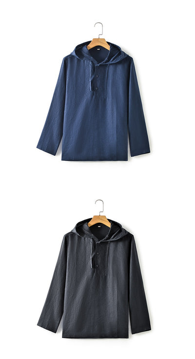 Camisa Suelta de Lino para Hombre con Capucha y Color Sólido - Image 23