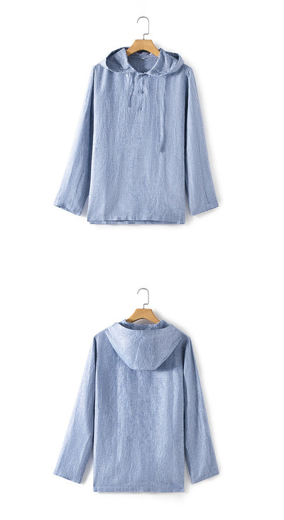 Camisa Suelta de Lino para Hombre con Capucha y Color Sólido - Image 24