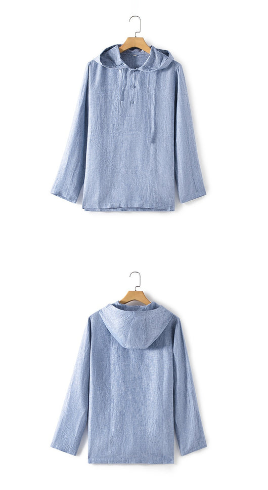 Camisa Suelta de Lino para Hombre con Capucha y Color Sólido - Image 24