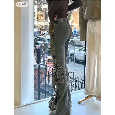 Pantalones Cargo Acampanados Desgastados Multi-bolsillos - Image 15