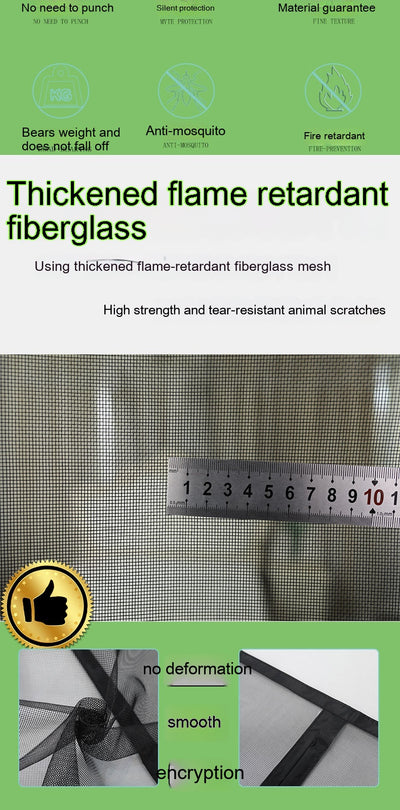 Black fiberglass mosquito-proof screen door mesh with magnetic closure, shown installed in a doorway and with close-ups of its features. - Image 17