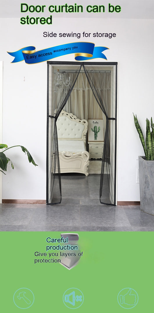 Black fiberglass mosquito-proof screen door mesh with magnetic closure, shown installed in a doorway and with close-ups of its features. - Image 18