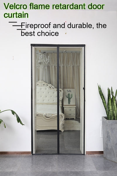 Black fiberglass mosquito-proof screen door mesh with magnetic closure, shown installed in a doorway and with close-ups of its features. - Image 20