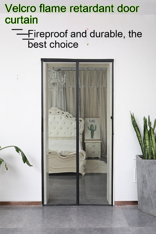 Black fiberglass mosquito-proof screen door mesh with magnetic closure, shown installed in a doorway and with close-ups of its features. - Image 20