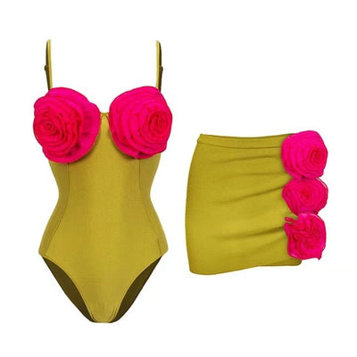 Chartreuse one-piece swimsuit with hot pink floral bust and matching mini skirt with side floral appliques. - Image 26