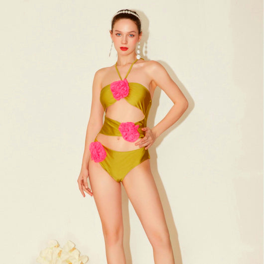 Chartreuse one-piece swimsuit with hot pink floral bust and matching mini skirt with side floral appliques. - Image 29