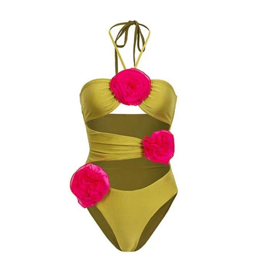 Chartreuse one-piece swimsuit with hot pink floral bust and matching mini skirt with side floral appliques. - Image 30