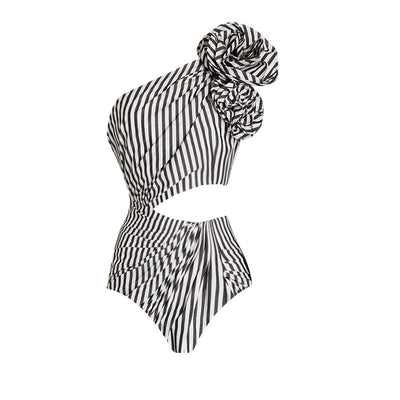 Black and white striped one-piece swimsuit with one-shoulder design, floral appliqué, balloon sleeve, and waist cut-outs. - Image 20