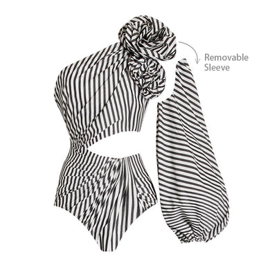 Black and white striped one-piece swimsuit with one-shoulder design, floral appliqué, balloon sleeve, and waist cut-outs. - Image 22