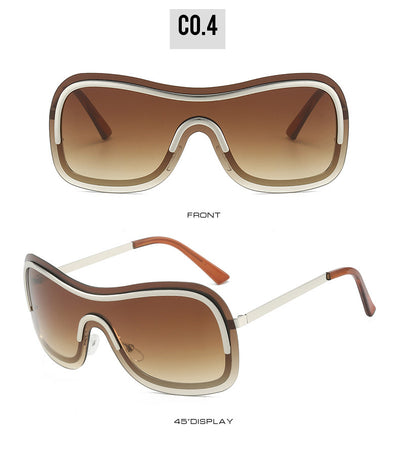 Women's fashionable shield sunglasses with a gold metal frame and dark gray lenses, featuring a unique wavy design. - Image 24