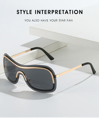 Women's fashionable shield sunglasses with a gold metal frame and dark gray lenses, featuring a unique wavy design. - Image 28